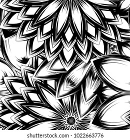 Seamless floral background. Tracery handmade nature ethnic fabric backdrop pattern with saturated dark flowers. Textile design texture. Decorative binary monochrome black and white art. Vector