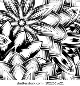 Seamless floral background. Tracery handmade nature ethnic fabric backdrop pattern with saturated dark flowers. Textile design texture. Decorative binary monochrome black and white art. Vector
