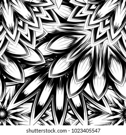 Seamless floral background. Tracery handmade nature ethnic fabric backdrop pattern with saturated dark flowers. Textile design texture. Decorative binary monochrome black and white art. Vector