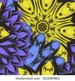 Seamless floral background. Tracery handmade nature ethnic fabric backdrop pattern with flowers. Textile design texture. Decorative color art. Vector