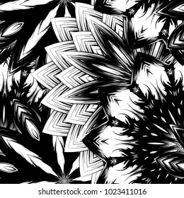 Seamless floral background. Tracery handmade nature ethnic fabric backdrop pattern with saturated dark flowers. Textile design texture. Decorative binary monochrome black and white art. Vector