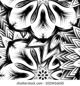 Seamless floral background. Tracery handmade nature ethnic fabric backdrop pattern with saturated dark flowers. Textile design texture. Decorative binary monochrome black and white art. Vector