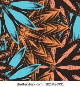 Seamless floral background. Tracery handmade nature ethnic fabric backdrop pattern with flowers. Textile design texture. Decorative color art. Vector