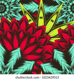 Seamless floral background. Tracery handmade nature ethnic fabric backdrop pattern with flowers. Textile design texture. Decorative color art. Vector