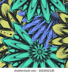 Seamless floral background. Tracery handmade nature ethnic fabric backdrop pattern with flowers. Textile design texture. Decorative color art. Vector