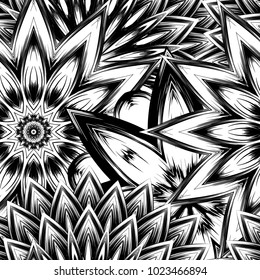 Seamless floral background. Tracery handmade nature ethnic fabric backdrop pattern with saturated dark flowers. Textile design texture. Decorative binary monochrome black and white art. Vector
