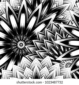 Seamless floral background. Tracery handmade nature ethnic fabric backdrop pattern with saturated dark flowers. Textile design texture. Decorative binary monochrome black and white art. Vector