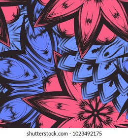 Seamless floral background. Tracery handmade nature ethnic fabric backdrop pattern with flowers. Textile design texture. Decorative color art. Vector