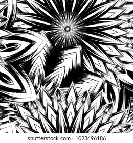 Seamless floral background. Tracery handmade nature ethnic fabric backdrop pattern with saturated dark flowers. Textile design texture. Decorative binary monochrome black and white art. Vector