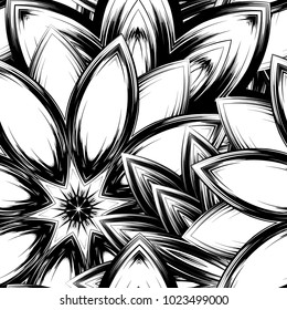 Seamless floral background. Tracery handmade nature ethnic fabric backdrop pattern with saturated dark flowers. Textile design texture. Decorative binary monochrome black and white art. Vector