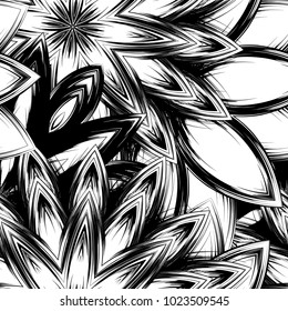 Seamless floral background. Tracery handmade nature ethnic fabric backdrop pattern with saturated dark flowers. Textile design texture. Decorative binary monochrome black and white art. Vector