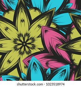 Seamless floral background. Tracery handmade nature ethnic fabric backdrop pattern with flowers. Textile design texture. Decorative color art. Vector