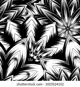 Seamless floral background. Tracery handmade nature ethnic fabric backdrop pattern with saturated dark flowers. Textile design texture. Decorative binary monochrome black and white art. Vector