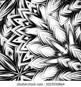 Seamless floral background. Tracery handmade nature ethnic fabric backdrop pattern with saturated dark flowers. Textile design texture. Decorative binary monochrome black and white art. Vector