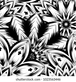 Seamless floral background. Tracery handmade nature ethnic fabric backdrop pattern with saturated dark flowers. Textile design texture. Decorative binary monochrome black and white art. Vector