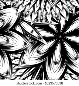 Seamless floral background. Tracery handmade nature ethnic fabric backdrop pattern with saturated dark flowers. Textile design texture. Decorative binary monochrome black and white art. Vector