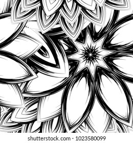Seamless floral background. Tracery handmade nature ethnic fabric backdrop pattern with saturated dark flowers. Textile design texture. Decorative binary monochrome black and white art. Vector
