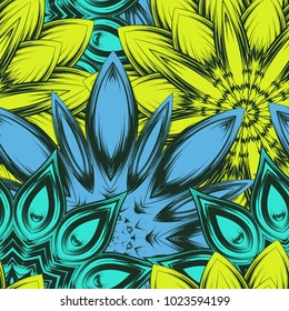 Seamless floral background. Tracery handmade nature ethnic fabric backdrop pattern with flowers. Textile design texture. Decorative color art. Vector