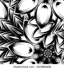 Seamless floral background. Tracery handmade nature ethnic fabric backdrop pattern with saturated dark flowers. Textile design texture. Decorative binary monochrome black and white art. Vector