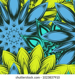 Seamless floral background. Tracery handmade nature ethnic fabric backdrop pattern with flowers. Textile design texture. Decorative color art. Vector