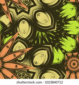 Seamless floral background. Tracery handmade nature ethnic fabric backdrop pattern with flowers. Textile design texture. Decorative color art. Vector