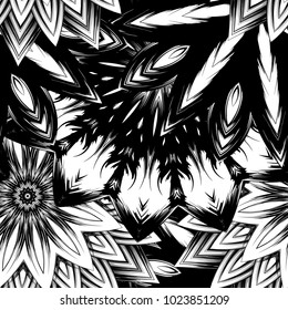 Seamless floral background. Tracery handmade nature ethnic fabric backdrop pattern with saturated dark flowers. Textile design texture. Decorative binary monochrome black and white art. Vector