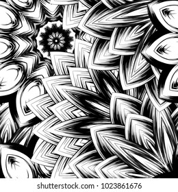 Seamless floral background. Tracery handmade nature ethnic fabric backdrop pattern with saturated dark flowers. Textile design texture. Decorative binary monochrome black and white art. Vector