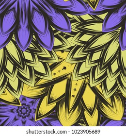 Seamless floral background. Tracery handmade nature ethnic fabric backdrop pattern with flowers. Textile design texture. Decorative color art. Vector