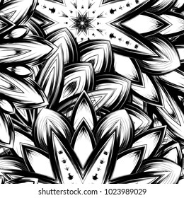 Seamless floral background. Tracery handmade nature ethnic fabric backdrop pattern with saturated dark flowers. Textile design texture. Decorative binary monochrome black and white art. Vector