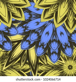 Seamless floral background. Tracery handmade nature ethnic fabric backdrop pattern with flowers. Textile design texture. Decorative color art. Vector