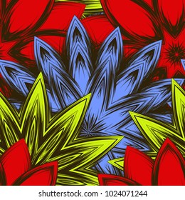 Seamless floral background. Tracery handmade nature ethnic fabric backdrop pattern with flowers. Textile design texture. Decorative color art. Vector