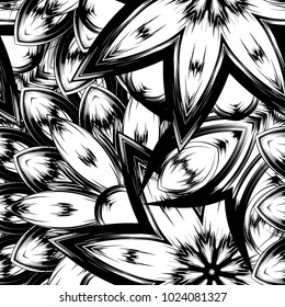 Seamless floral background. Tracery handmade nature ethnic fabric backdrop pattern with saturated dark flowers. Textile design texture. Decorative binary monochrome black and white art. Vector
