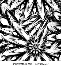 Seamless floral background. Tracery handmade nature ethnic fabric backdrop pattern with saturated dark flowers. Textile design texture. Decorative binary monochrome black and white art. Vector