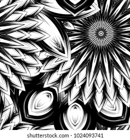 Seamless floral background. Tracery handmade nature ethnic fabric backdrop pattern with saturated dark flowers. Textile design texture. Decorative binary monochrome black and white art. Vector