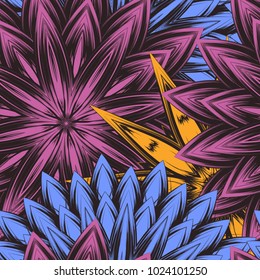 Seamless floral background. Tracery handmade nature ethnic fabric backdrop pattern with flowers. Textile design texture. Decorative color art. Vector