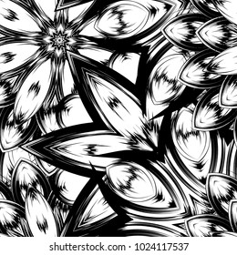 Seamless floral background. Tracery handmade nature ethnic fabric backdrop pattern with saturated dark flowers. Textile design texture. Decorative binary monochrome black and white art. Vector