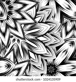 Seamless floral background. Tracery handmade nature ethnic fabric backdrop pattern with saturated dark flowers. Textile design texture. Decorative binary monochrome black and white art. Vector