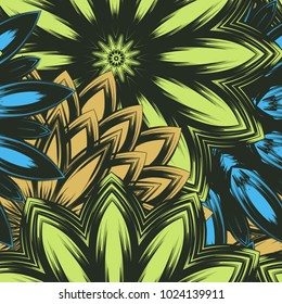 Seamless floral background. Tracery handmade nature ethnic fabric backdrop pattern with flowers. Textile design texture. Decorative color art. Vector