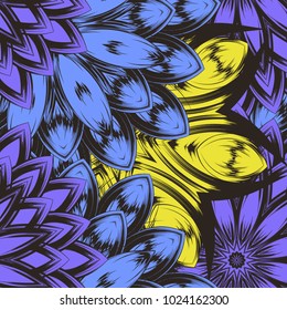 Seamless floral background. Tracery handmade nature ethnic fabric backdrop pattern with flowers. Textile design texture. Decorative color art. Vector