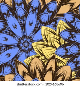 Seamless floral background. Tracery handmade nature ethnic fabric backdrop pattern with flowers. Textile design texture. Decorative color art. Vector