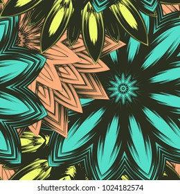 Seamless floral background. Tracery handmade nature ethnic fabric backdrop pattern with flowers. Textile design texture. Decorative color art. Vector