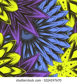 Seamless floral background. Tracery handmade nature ethnic fabric backdrop pattern with flowers. Textile design texture. Decorative color art. Vector