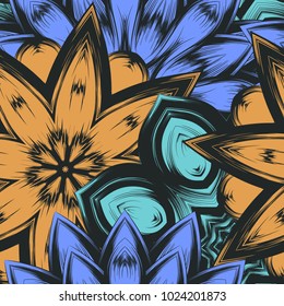 Seamless floral background. Tracery handmade nature ethnic fabric backdrop pattern with flowers. Textile design texture. Decorative color art. Vector