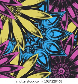 Seamless floral background. Tracery handmade nature ethnic fabric backdrop pattern with flowers. Textile design texture. Decorative color art. Vector