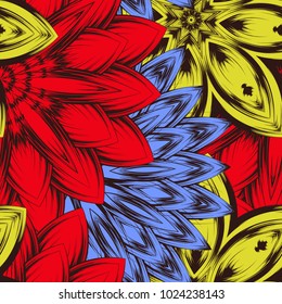 Seamless floral background. Tracery handmade nature ethnic fabric backdrop pattern with flowers. Textile design texture. Decorative color art. Vector