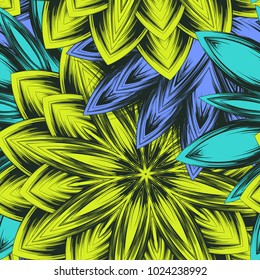 Seamless floral background. Tracery handmade nature ethnic fabric backdrop pattern with flowers. Textile design texture. Decorative color art. Vector