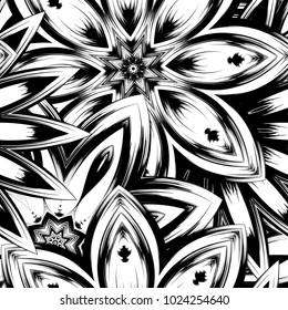 Seamless floral background. Tracery handmade nature ethnic fabric backdrop pattern with saturated dark flowers. Textile design texture. Decorative binary monochrome black and white art. Vector