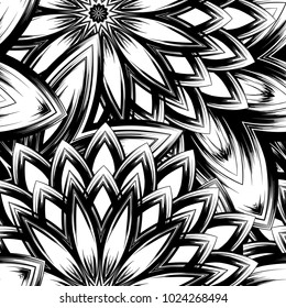 Seamless floral background. Tracery handmade nature ethnic fabric backdrop pattern with saturated dark flowers. Textile design texture. Decorative binary monochrome black and white art. Vector