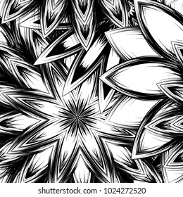 Seamless floral background. Tracery handmade nature ethnic fabric backdrop pattern with saturated dark flowers. Textile design texture. Decorative binary monochrome black and white art. Vector