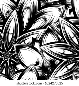 Seamless floral background. Tracery handmade nature ethnic fabric backdrop pattern with saturated dark flowers. Textile design texture. Decorative binary monochrome black and white art. Vector